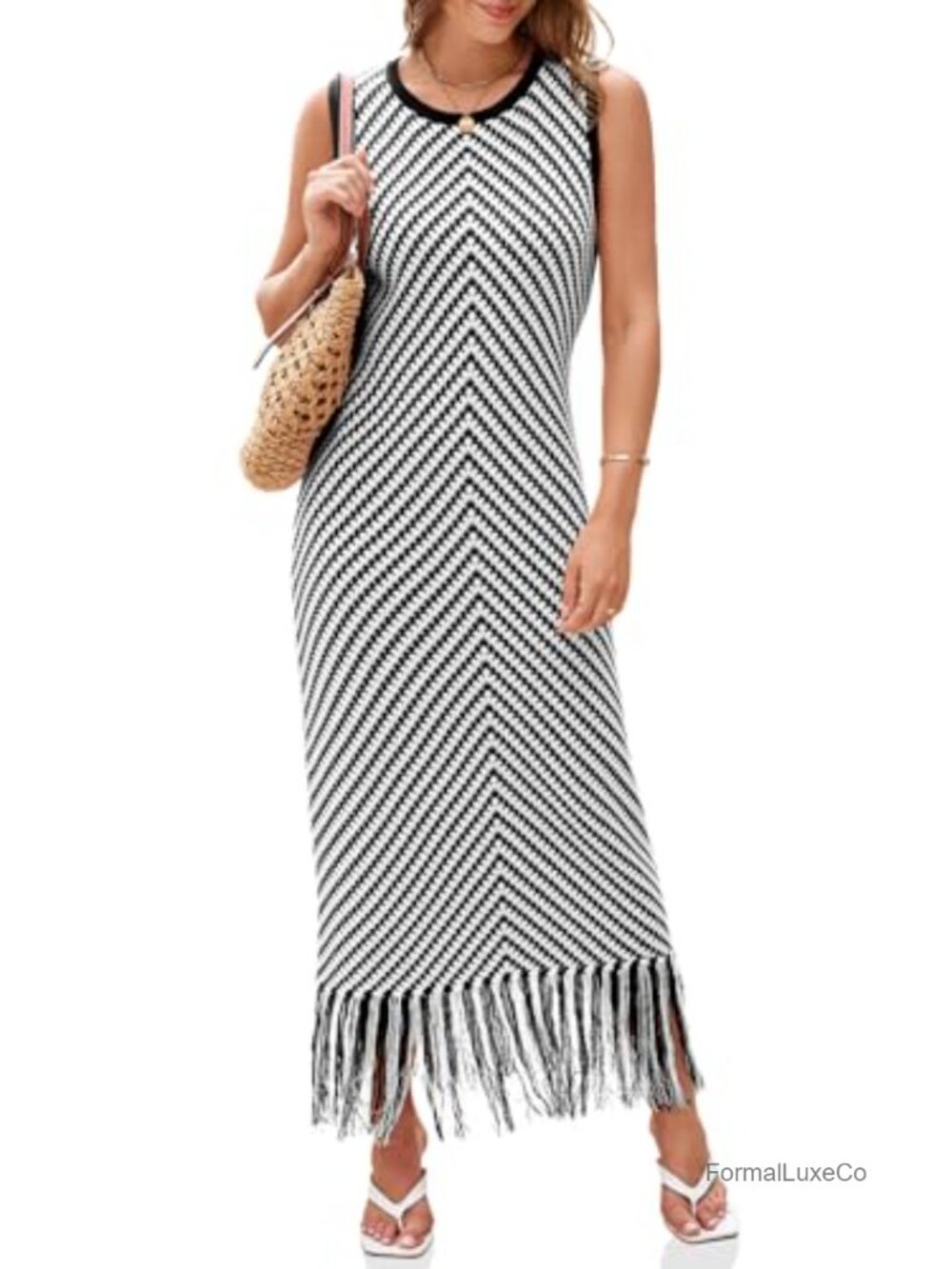 Wenrine Crochet Knit Fringe Striped Sleeveless Maxi Dress